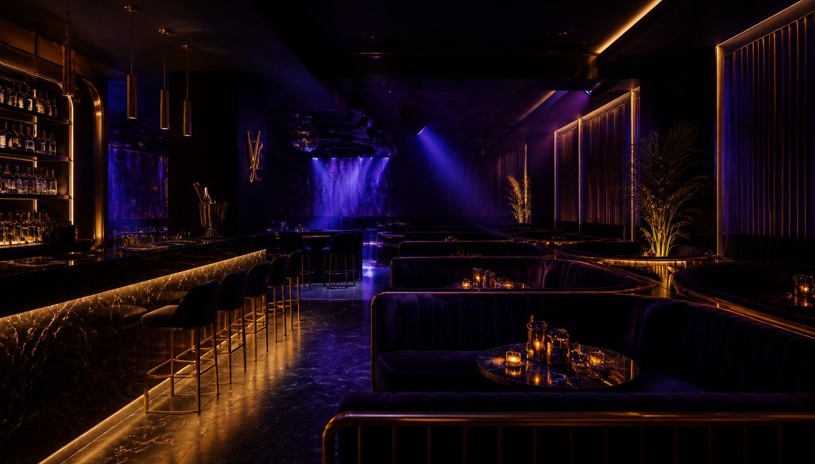 Upscale nightclub lounge with gold lighting and black marble bar